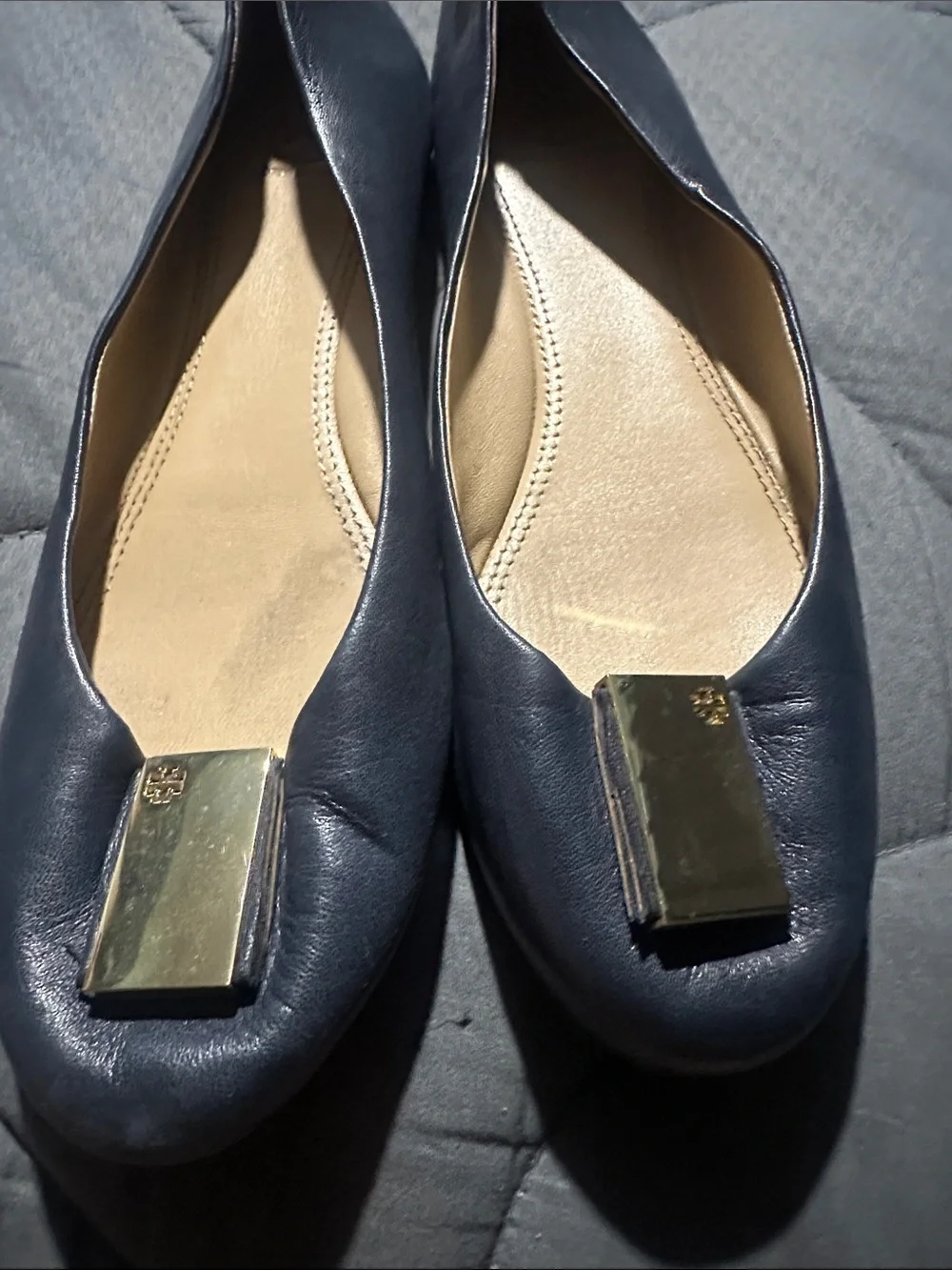 Tory Burch Navy Leather Logo Plaque Flats